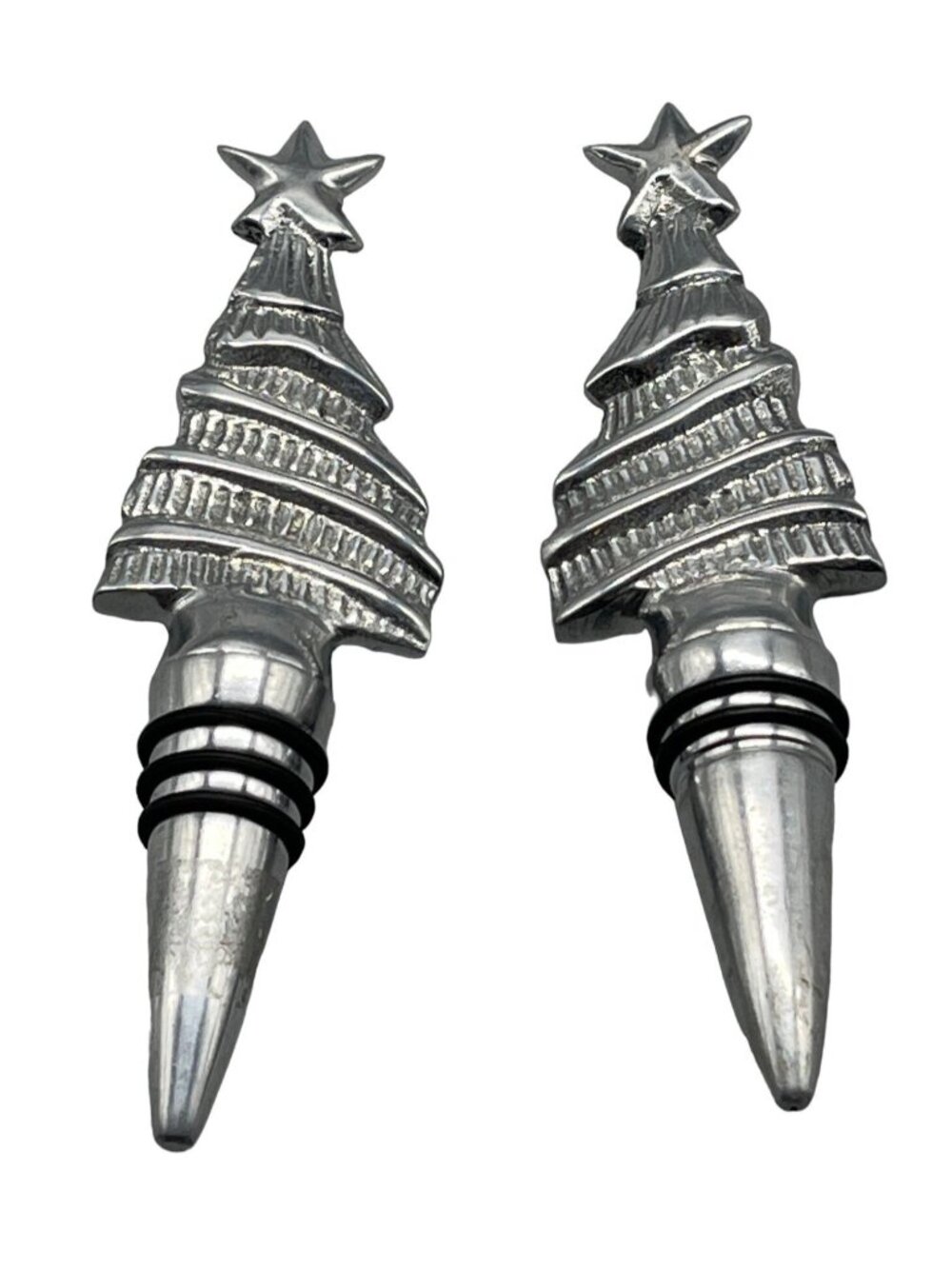 set of 2 silver metal wine corks shaped like Christmas trees with star 6" READ